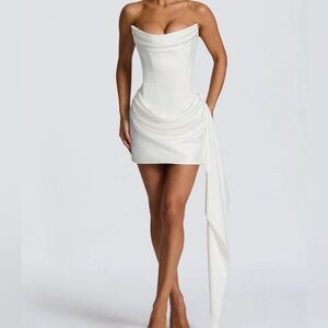 Strapless White Draped Mini Dress with Side Cascade